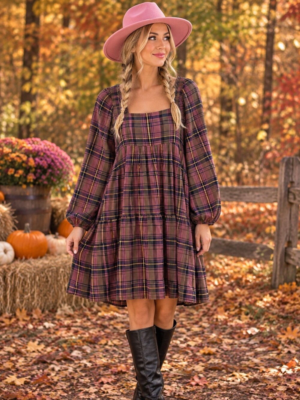 NATURAL LIFE Plaid Midi Dress in Mauve and Olive